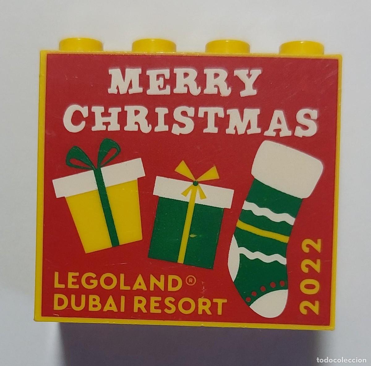 Juegos construcci&oacute;n - Lego: Original LEGO Ladrillo amarillo 2x4x3 con el dise&ntilde;o de Feliz Navidad de LEGOLAND Dubai Resort 2022