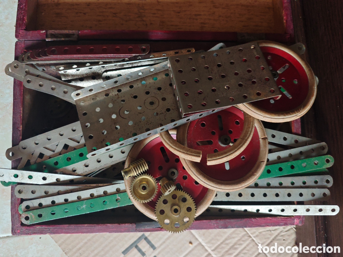 Juegos construcci&oacute;n - Meccano: Lote de Piezas Meccano Antiguo - Componentes Niquelados, Poleas y Engranajes de Lat&oacute;n (Sin Fin, Pi&ntilde;o