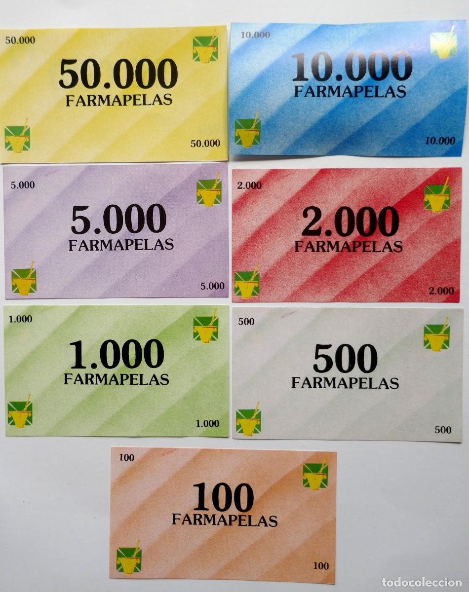 Juegos de mesa: LOTE COMPLETO *FARMAPELAS* FORMADO POR 7 BILLETES DEL JUEGO *FARMA BUSINESS*A&Ntilde;O 1991
