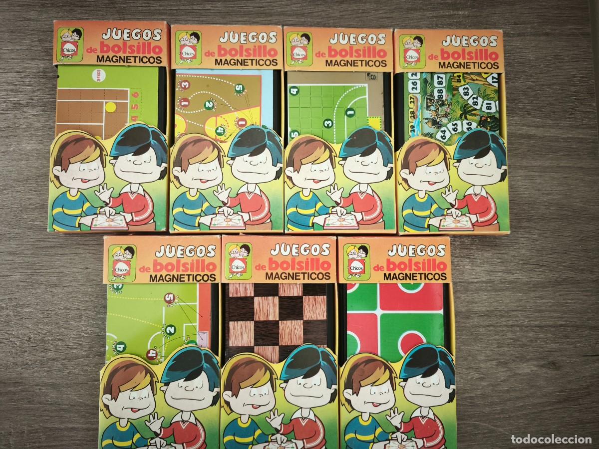Juegos de mesa: Lote 7 Juegos de Bolsillo magn&eacute;ticos Chicos a&ntilde;os 70/80: 3 en raya, Damas, Tesoro, F&uacute;tbol sala, Tenis