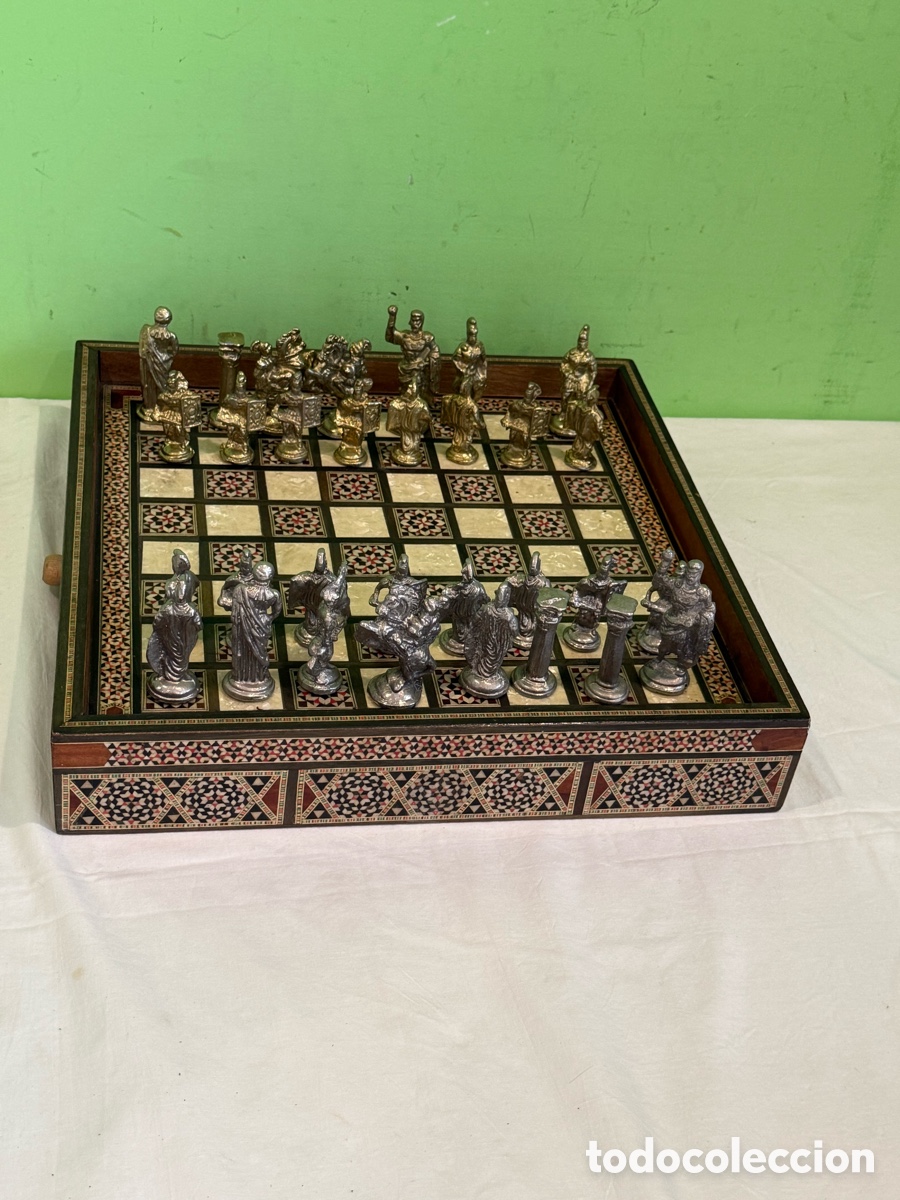 Juegos de mesa: Ajedrez art&iacute;stico &aacute;rabe oriental taracea madera n&aacute;car piezas met&aacute;licas