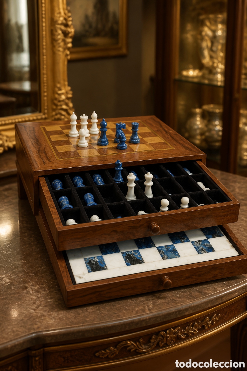 Juegos de mesa: ESPECTACULAR Juego de ajedrez de lapisl&aacute;zuli y m&aacute;rmol hecho a mano con incrustaciones de piedras...