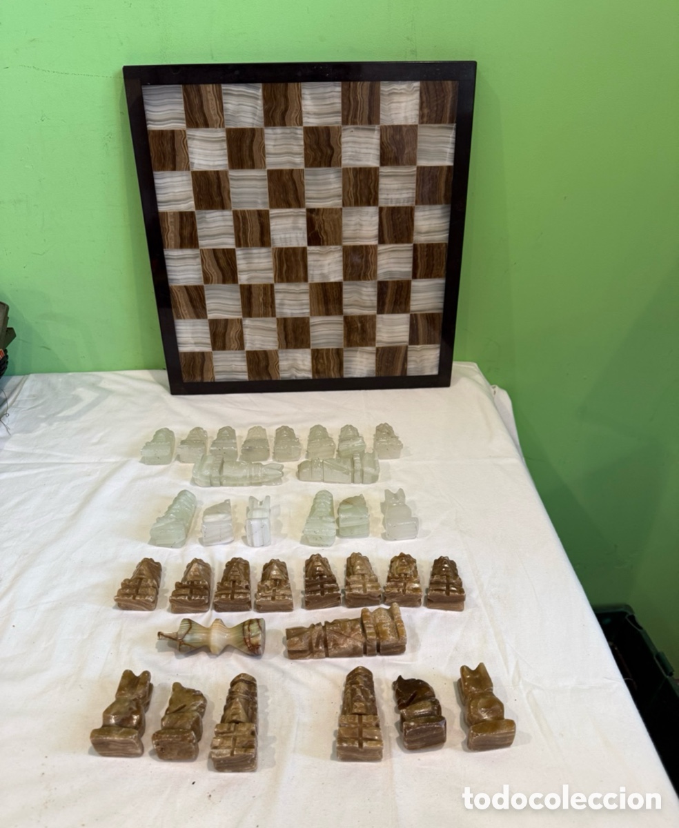 Juegos de mesa: Ajedrez m&aacute;rmol 38x38 cm completo con piezas de piedra natural tallada conjunto cl&aacute;sico decorativo.