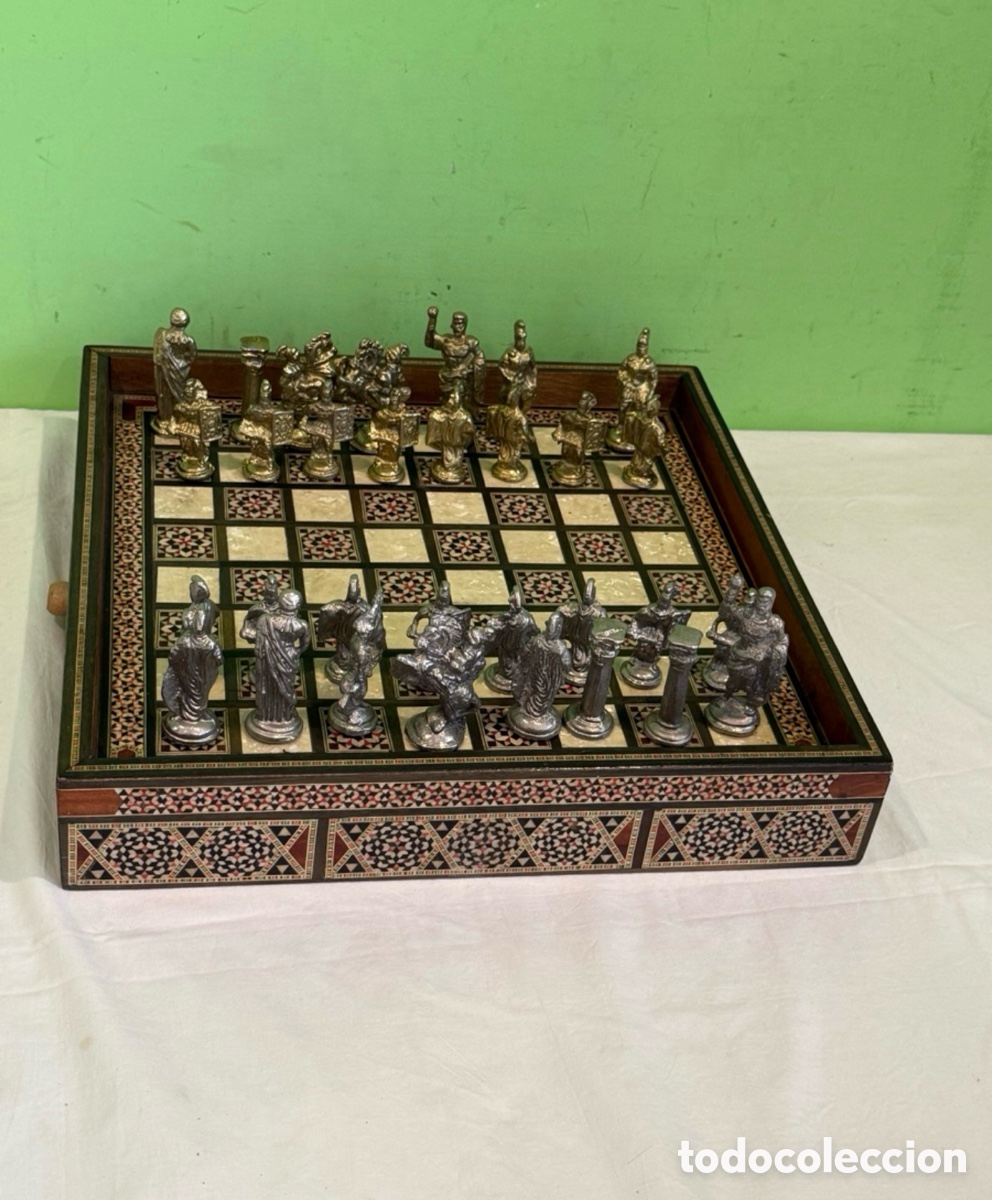 Juegos de mesa: Ajedrez art&iacute;stico &aacute;rabe oriental taracea madera n&aacute;car piezas met&aacute;licas