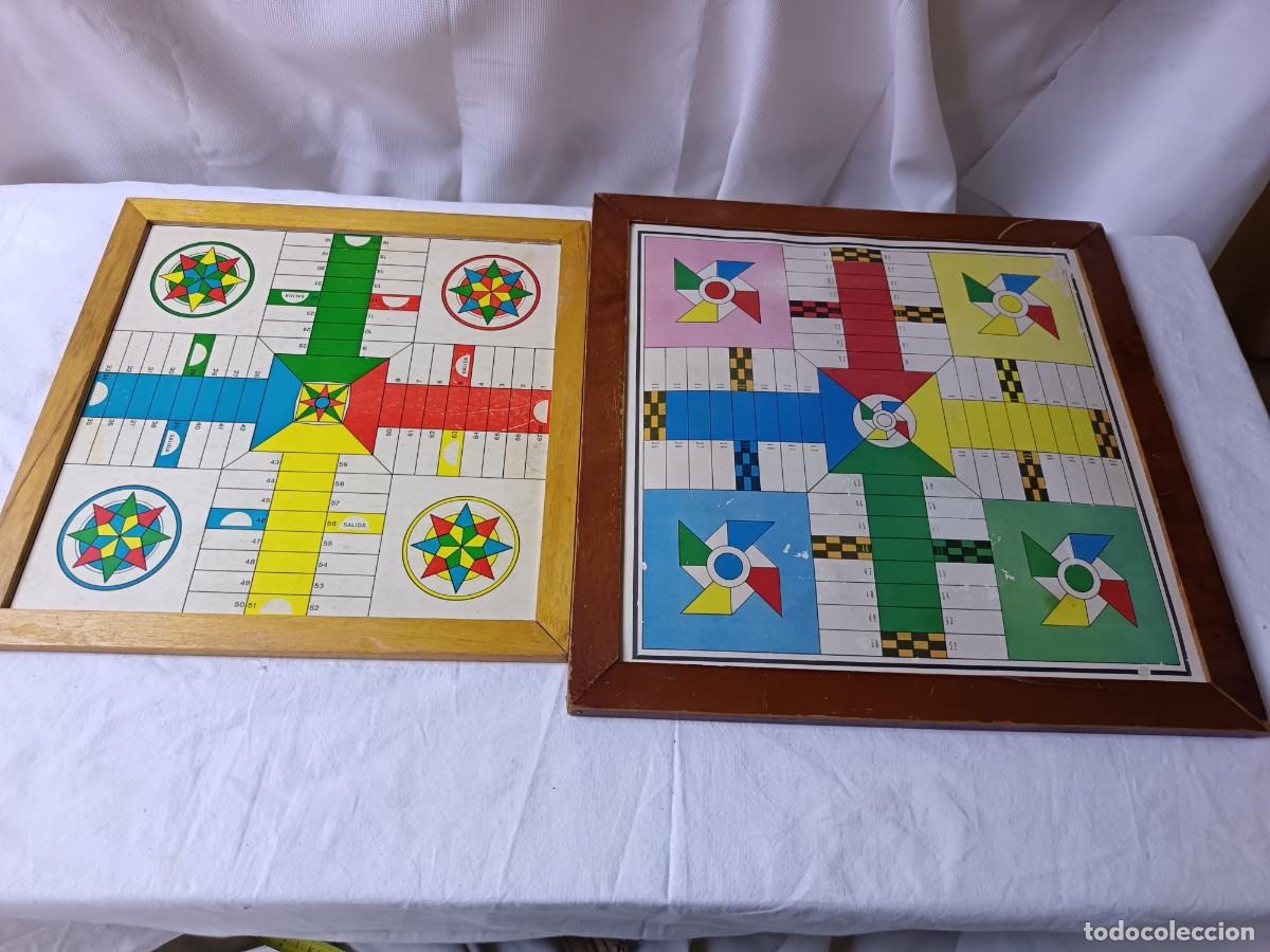 Board Games: Lote con dos tableros de parchis, de madera, vintage, reversos de ajedrez y oca