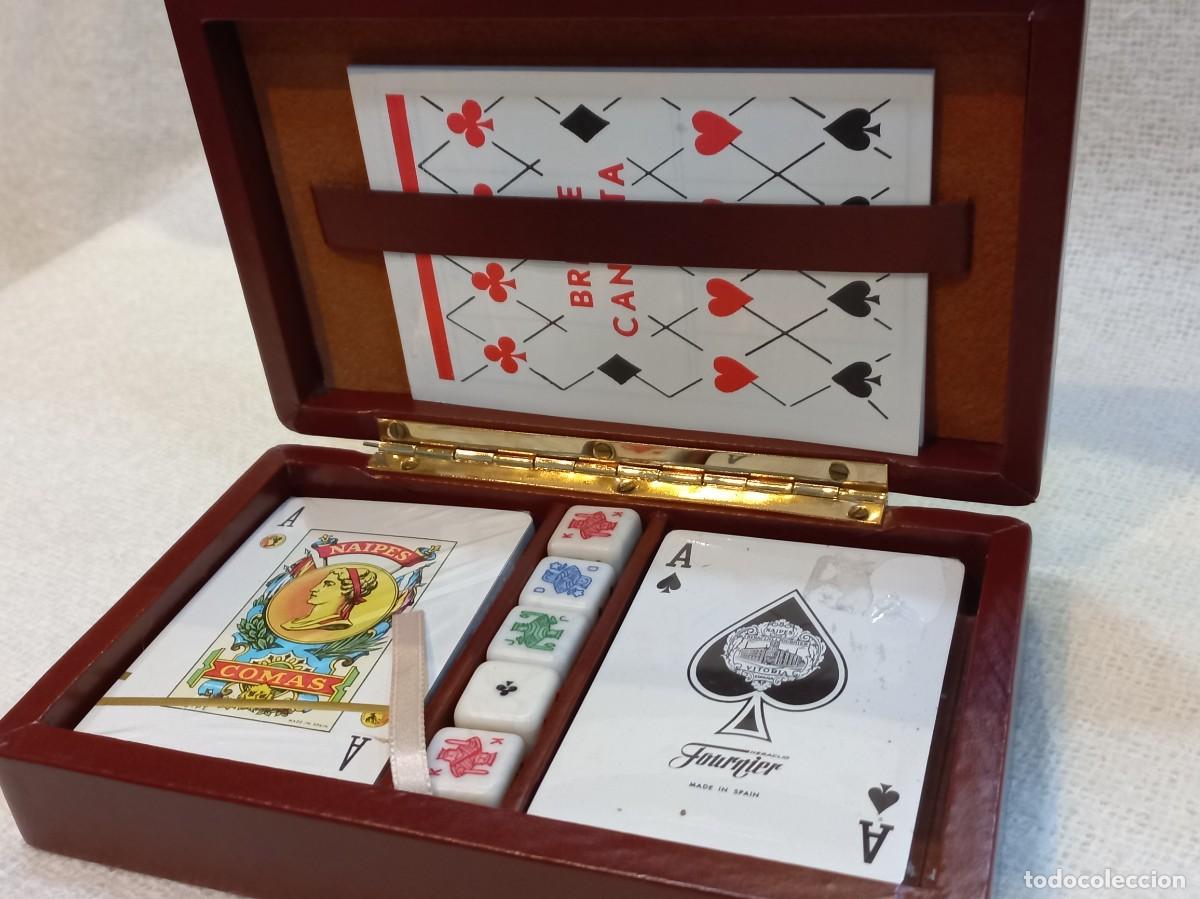 Juegos de mesa: ESTUCHE &uml;CARTAS Y DADOS&uml; madera- polipiel cuero