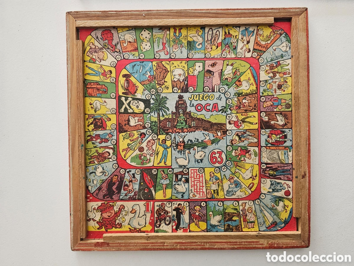 Juegos de mesa: ​Antiguo Tablero de Mesa Reversible de Madera - Juego de la Oca y Parch&iacute;s (A&ntilde;os 60/70) - 27x27 cm
