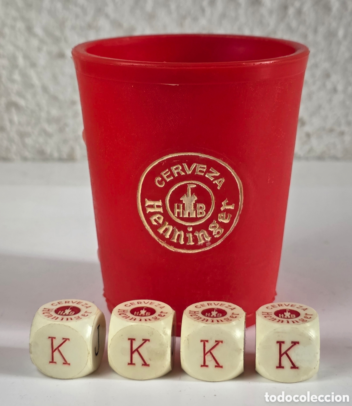 Brettspiele: Cubilete y 4 Dados Publicidad Cerveza Henninger Espa&ntilde;ola - Breweriana - Juego Mesa Bar Spanish Beer