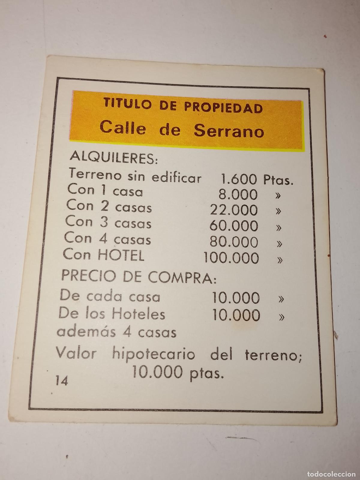 Juegos de mesa: FICHA TARJETA DEL JUEGO MONOPOLY A&Ntilde;OS 70S COMPLETE SUS FALTAS, SE VENDE LA DE LA FOTO