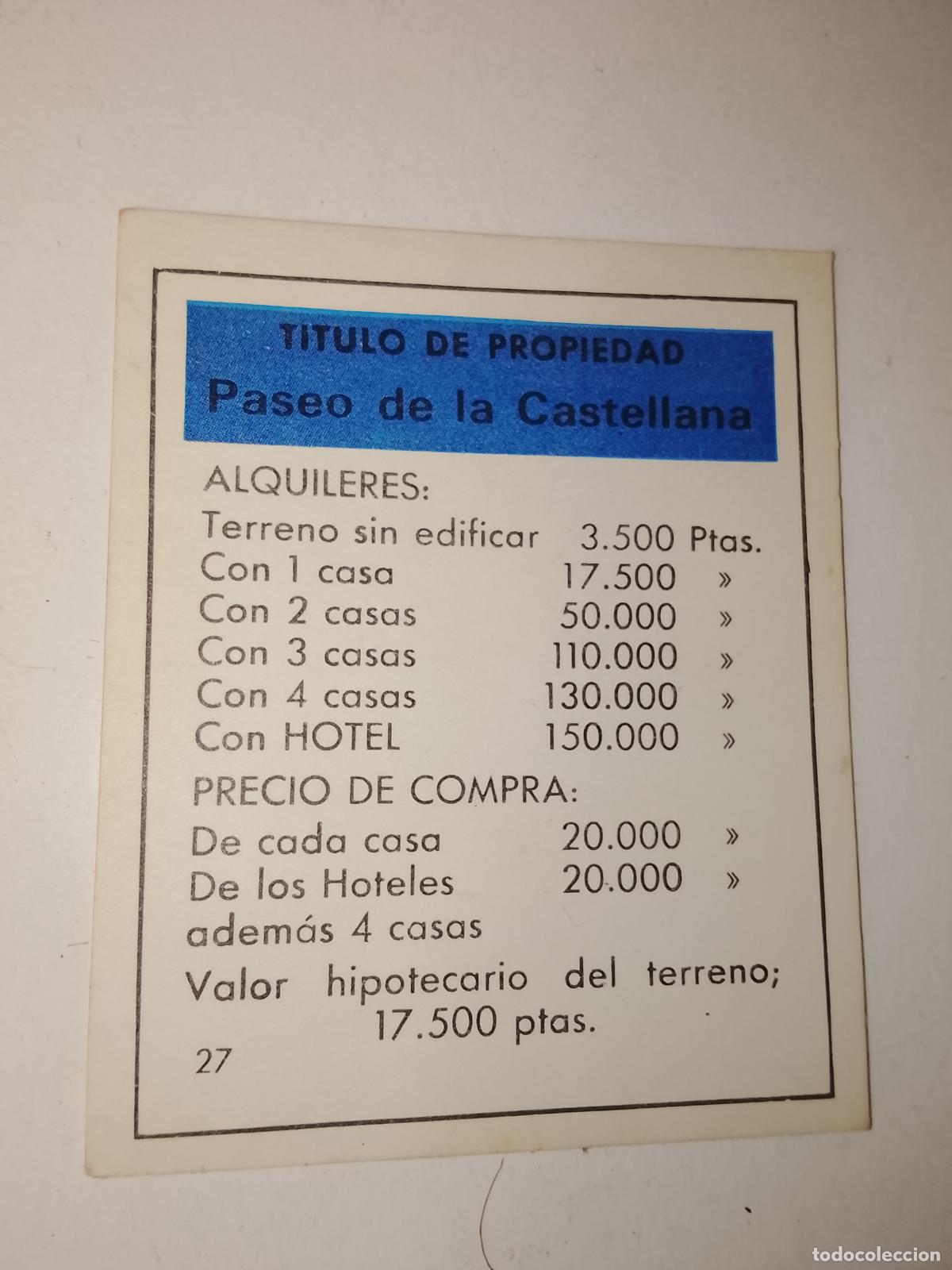 Juegos de mesa: FICHA TARJETA DEL JUEGO MONOPOLY A&Ntilde;OS 70S COMPLETE SUS FALTAS, SE VENDE LA DE LA FOTO