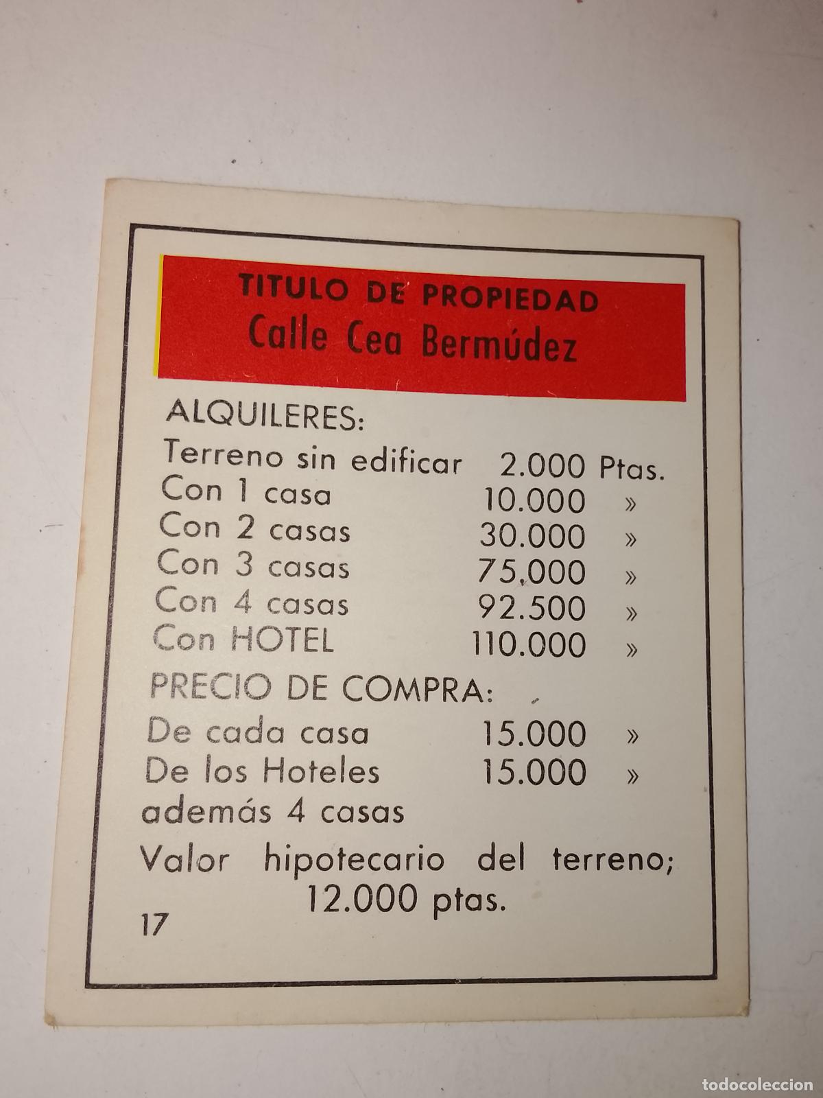 Juegos de mesa: FICHA TARJETA DEL JUEGO MONOPOLY A&Ntilde;OS 70S COMPLETE SUS FALTAS, SE VENDE LA DE LA FOTO
