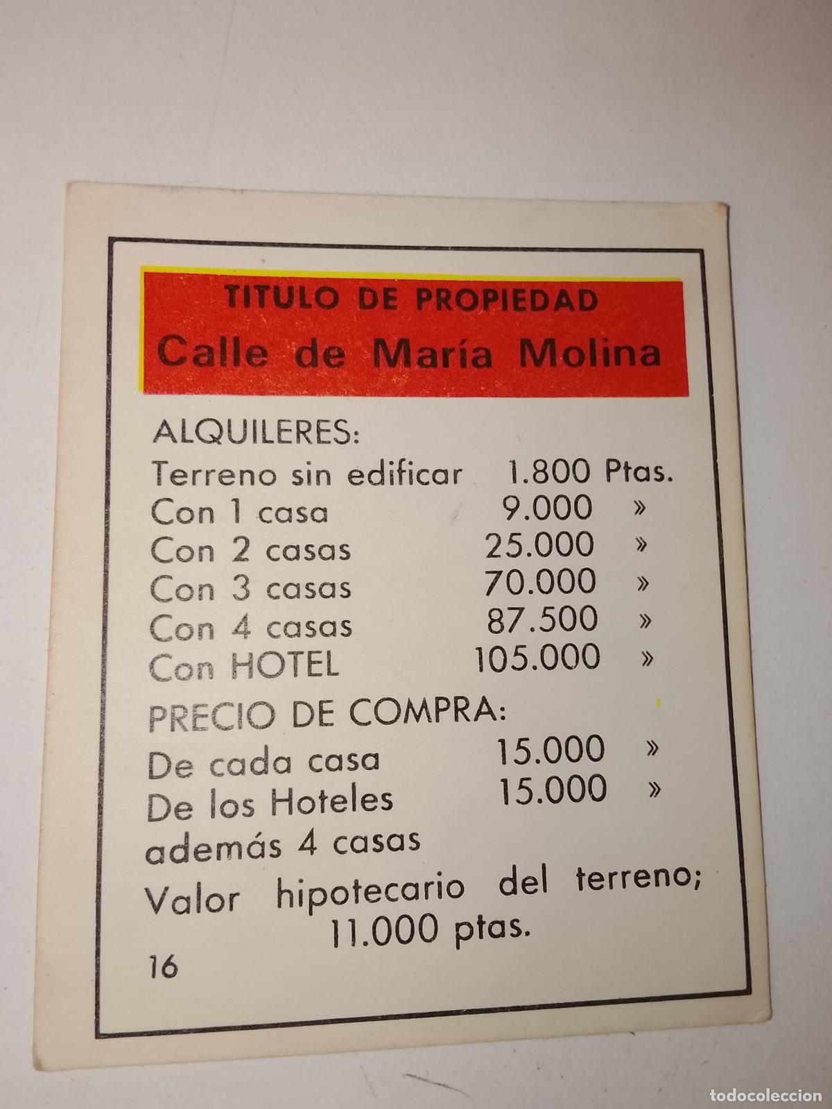 Juegos de mesa: FICHA TARJETA DEL JUEGO MONOPOLY A&Ntilde;OS 70S COMPLETE SUS FALTAS, SE VENDE LA DE LA FOTO