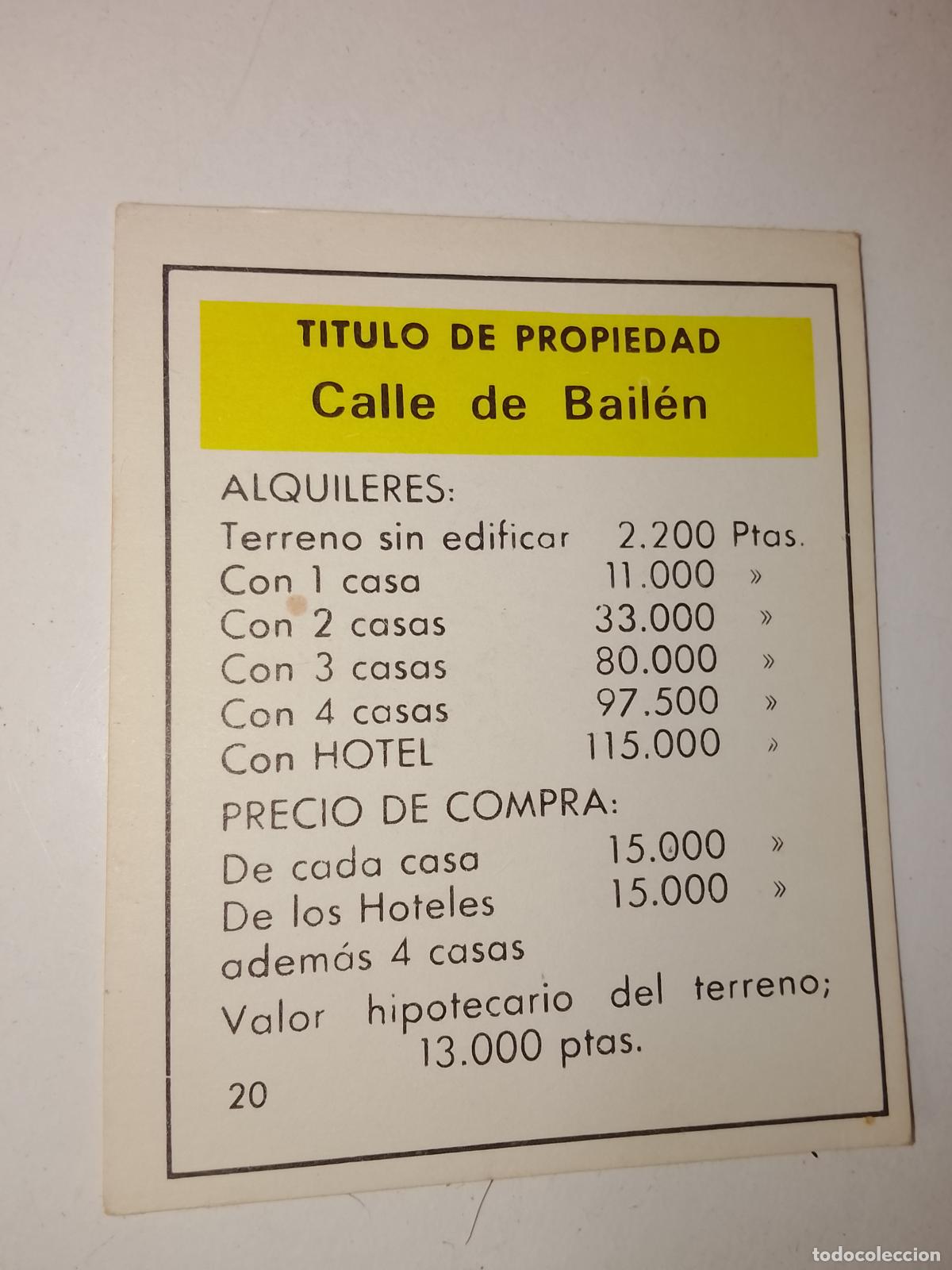 Juegos de mesa: FICHA TARJETA DEL JUEGO MONOPOLY A&Ntilde;OS 70S COMPLETE SUS FALTAS, SE VENDE LA DE LA FOTO