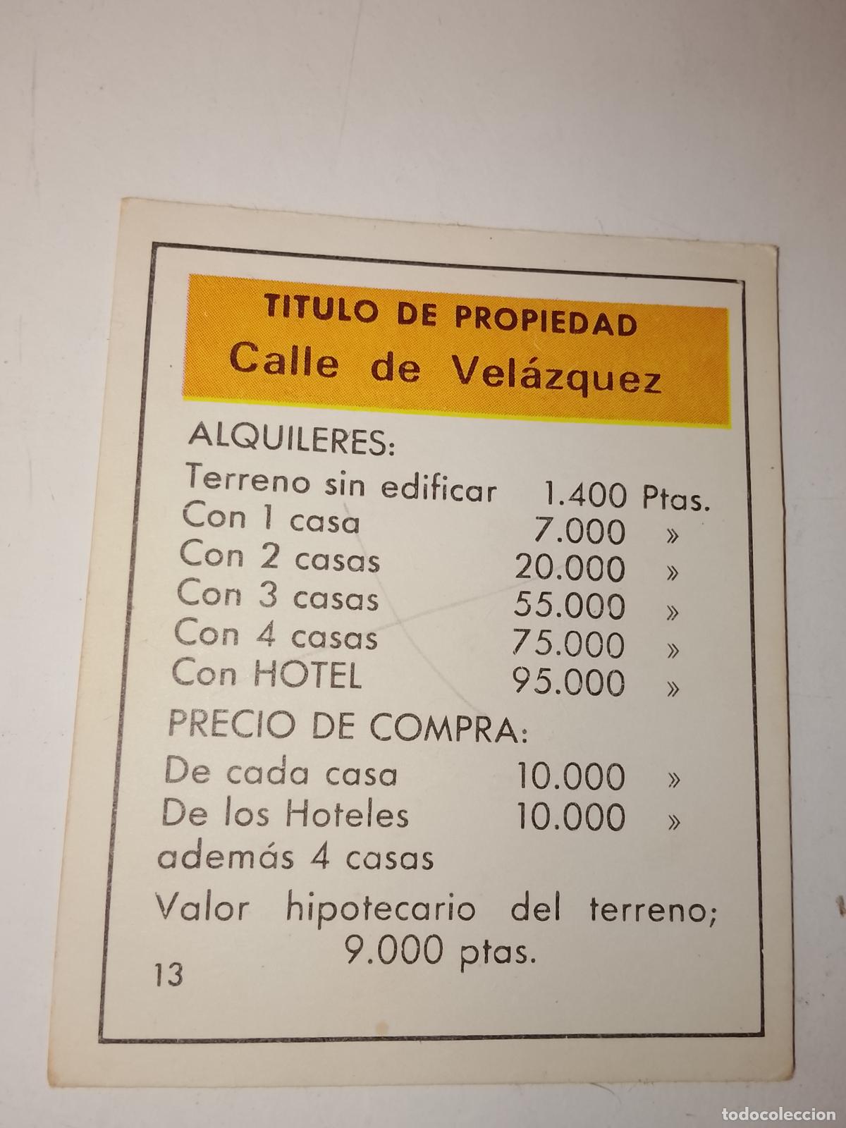 Juegos de mesa: FICHA TARJETA DEL JUEGO MONOPOLY A&Ntilde;OS 70S COMPLETE SUS FALTAS, SE VENDE LA DE LA FOTO