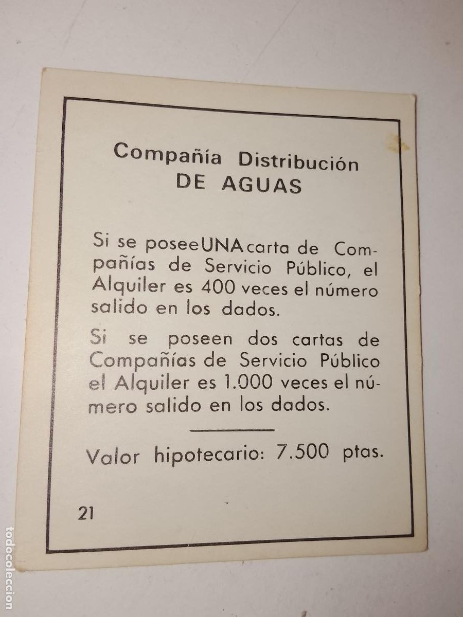 Juegos de mesa: FICHA TARJETA DEL JUEGO MONOPOLY A&Ntilde;OS 70S COMPLETE SUS FALTAS, SE VENDE LA DE LA FOTO