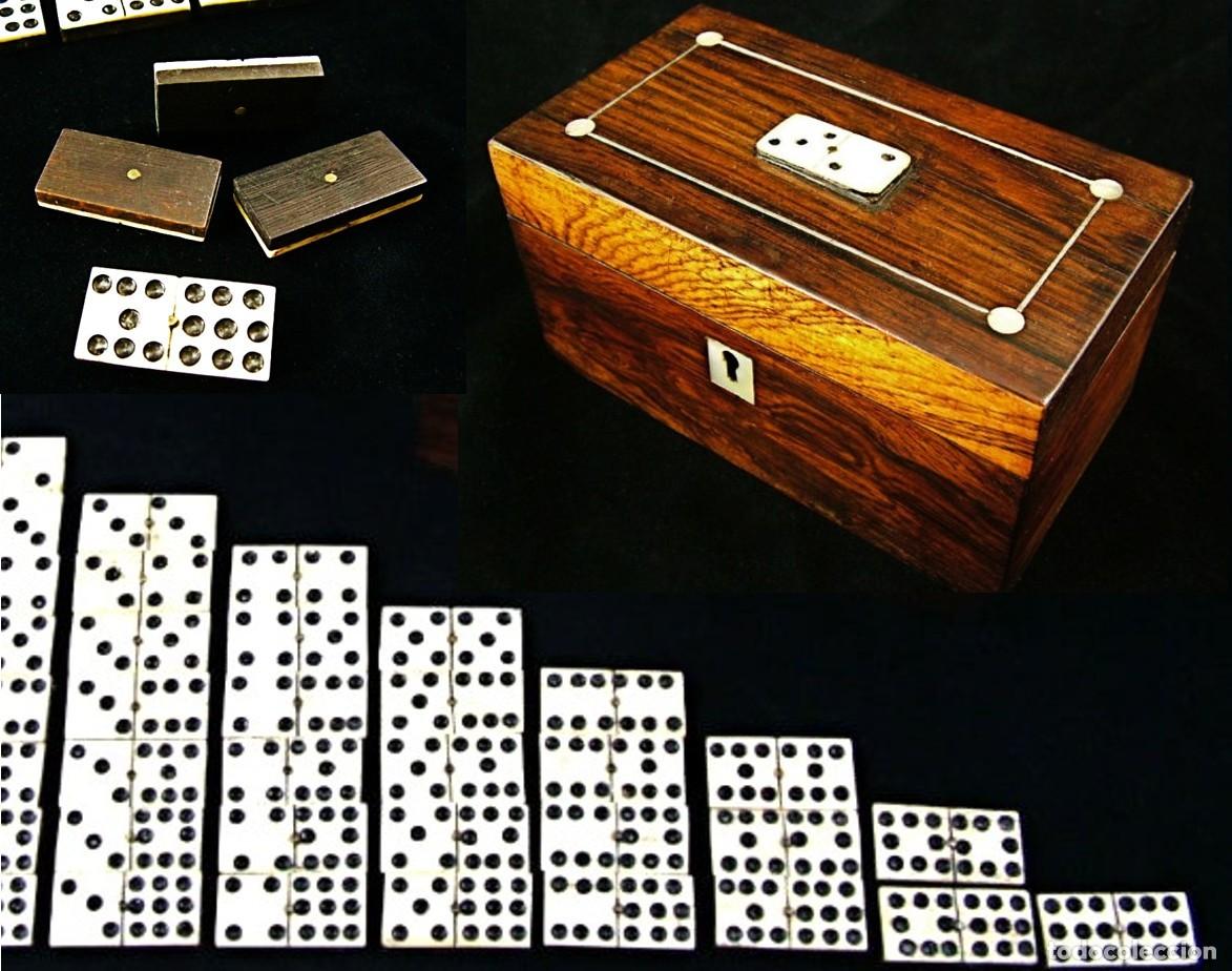 Juegos de mesa: DOMIN&Oacute; Siglo XIX de 55 Fichas de Hueso y &Eacute;bano en su Caja con detalles de N&aacute;car y Ficha