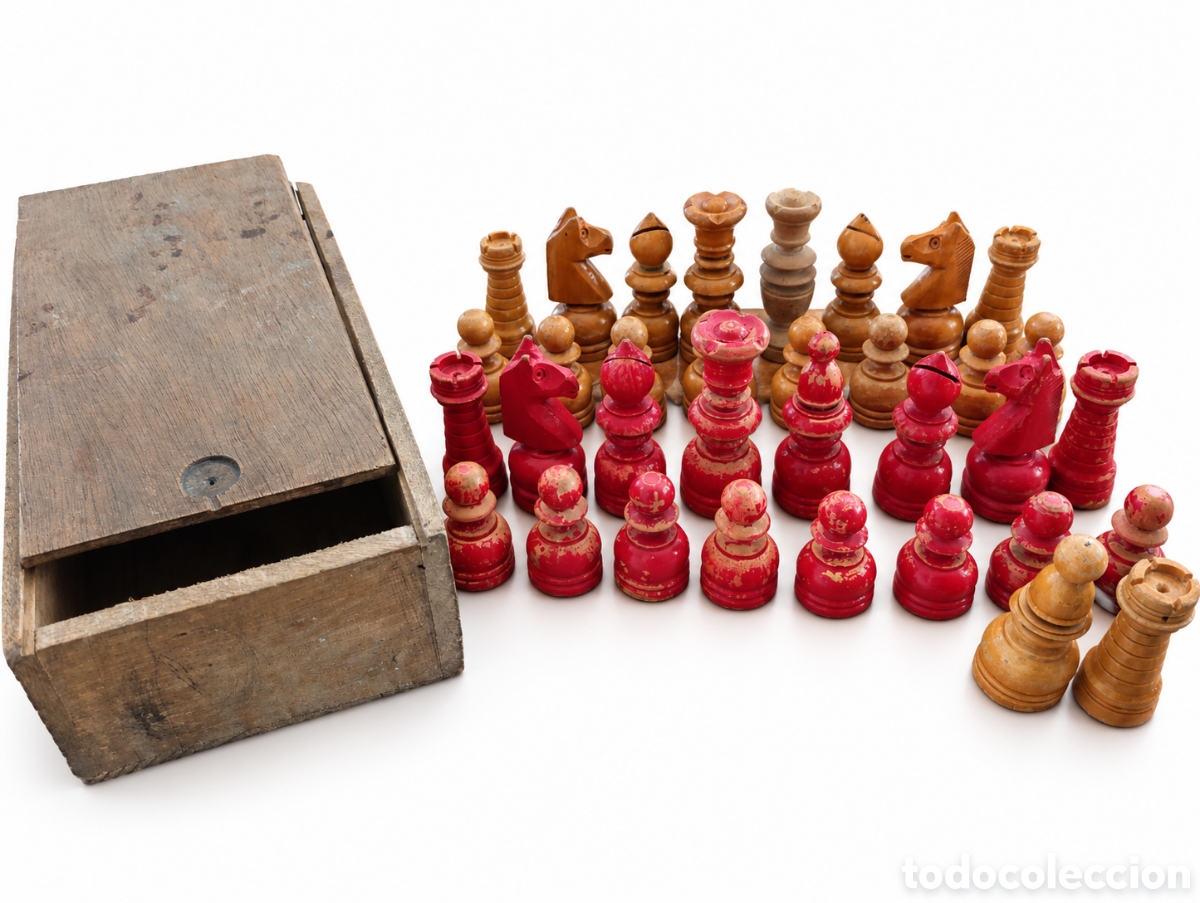 Juegos de mesa: Antiguo Juego de Ajedrez de Madera Torneada (Modelo Corona Espa&ntilde;ol) Caja Original,principios S.XX