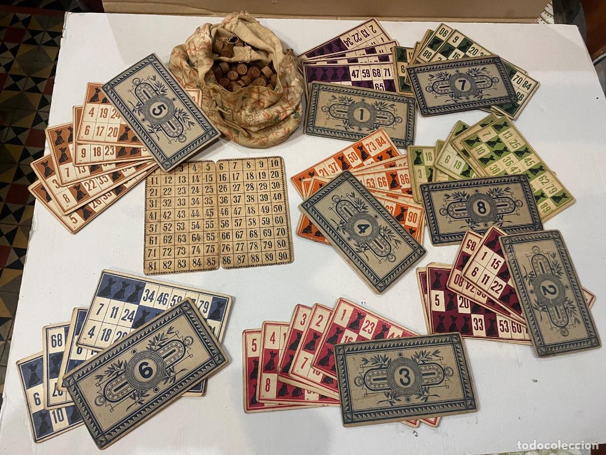 Juegos de mesa: ANTIGUO JUEGO DEL BINGO - 48 CARTONES DIFERENTES COLORES 18X10,5 CM. Y BOLSA DE TELA CON LOS NUMEROS