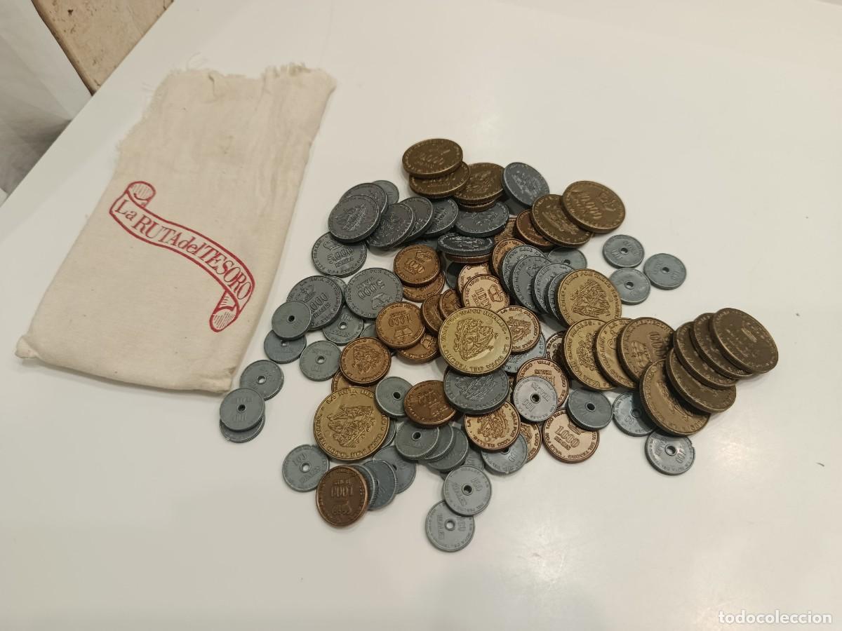 Juegos de mesa: LOTE DE 98 MONEDAS - LA RUTA DEL TESORO CEFA ORIGINAL - INCLUYE BOLSA DE TELA