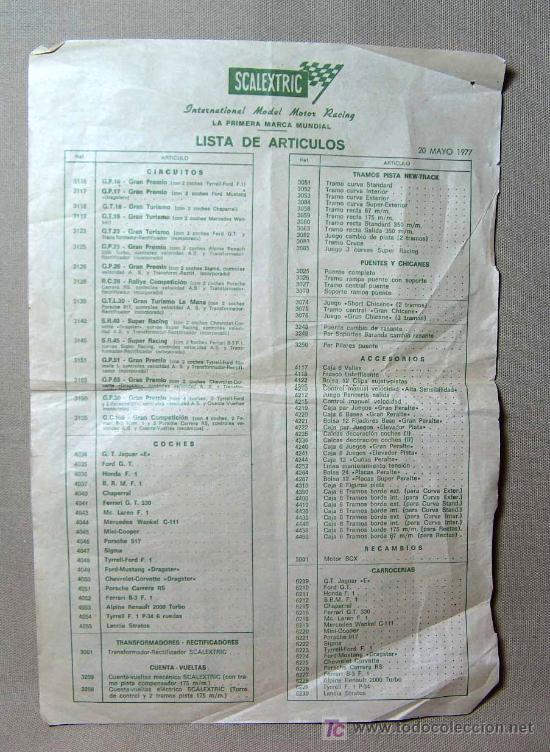 Giocattoli antichi: ORIGINAL SCALEXTRIC, LISTA DE ARTICULOS, MAYO 1977