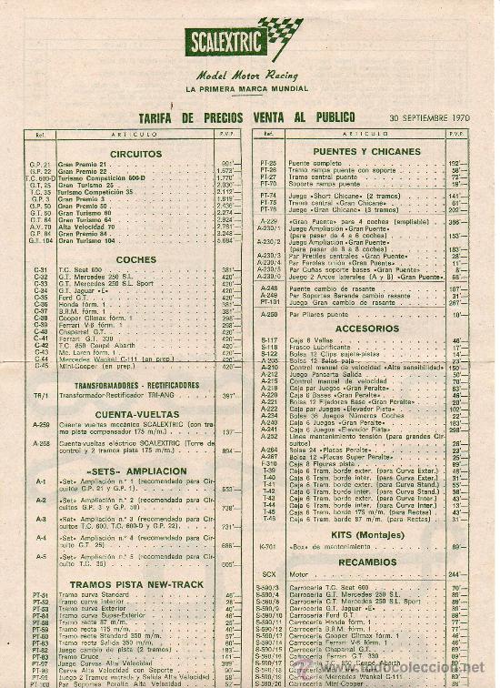 Old Toys: (M) SCALEXTRIC - CATALOGO TARIFA DE PRECIOS VENTA AL PUBLICO 1970, 1 HOJA,