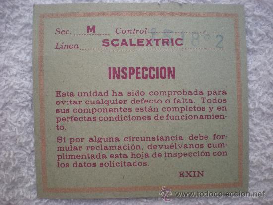 Brinquedos antigos: SCALEXTRIC_TARJETA DE INSPECCION_EXIN 1980 COMO NUEVA