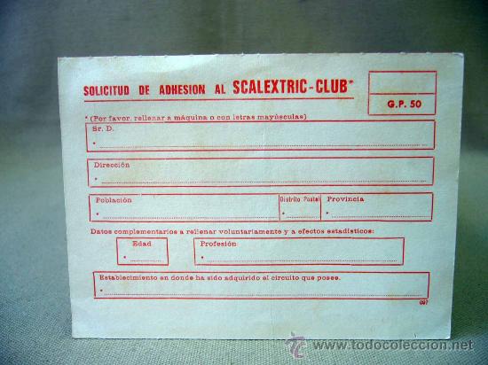 Giocattoli antichi: TARJETA DE SOLICITUD, SCALEXTRIC, EXIN-LINES BROS S.A., BARCELONA