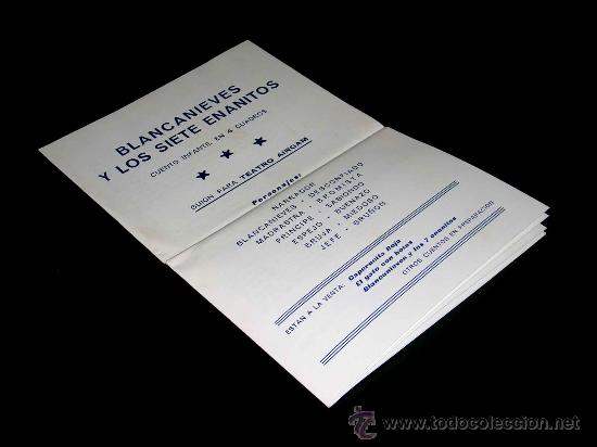 Juguetes antiguos: Libreto gui&oacute;n obra Blancanieves, Teatro Airgam, original 1969. Excelente estado.
