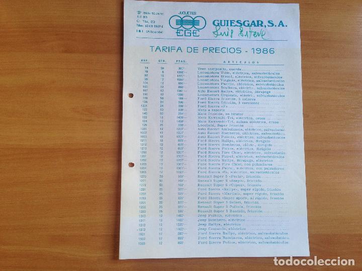 Giocattoli antichi: ANTIGUA TARIFA DE PRECIOS JUGUETERIA JUGUETES EGE A&Ntilde;O 1986