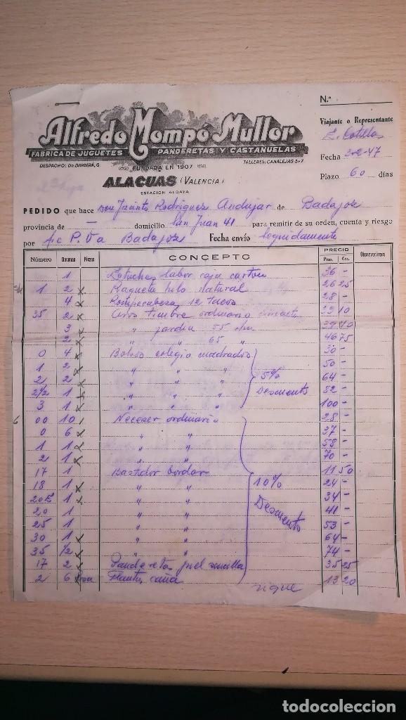 Brinquedos antigos: ANTIGUA FACTURA FABRICA DE JUGUETES ALFREDO MOMPO MULLOR, ALACUAS-VALENCIA A&Ntilde;OS 1940