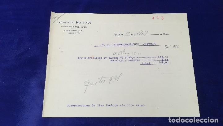 Brinquedos antigos: ANTIGUA FACTURA FABRICA DE JUGUETES DE SPORT TRASHORRAS HERMANOS, MADRID, A&Ntilde;O 1946