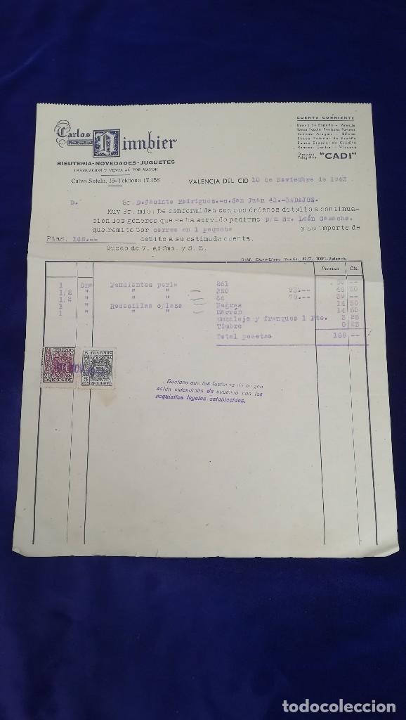 Brinquedos antigos: ANTIGUA FACTURA FABRICA DE JUGUETES CARLOS DINNBIER, VALENCIA DEL CID A&Ntilde;O 1942