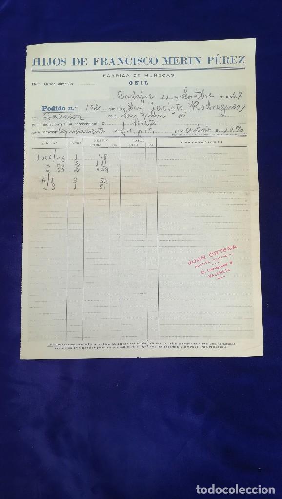 Brinquedos antigos: ANTIGUA FACTURA FABRICA DE MU&Ntilde;ECAS HIJOS DE FRANCISCO MERIN PEREZ, ONIL-ALICANTE, A&Ntilde;O 1947