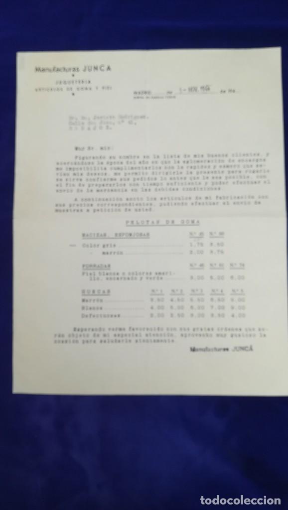 Brinquedos antigos: ANTIGUA CARTA COMERCIAL MANUFACTURAS JUNCA JUGUETERIA,ARTICULOS DE GOMA Y PIEL MADRID, A&Ntilde;O 1944