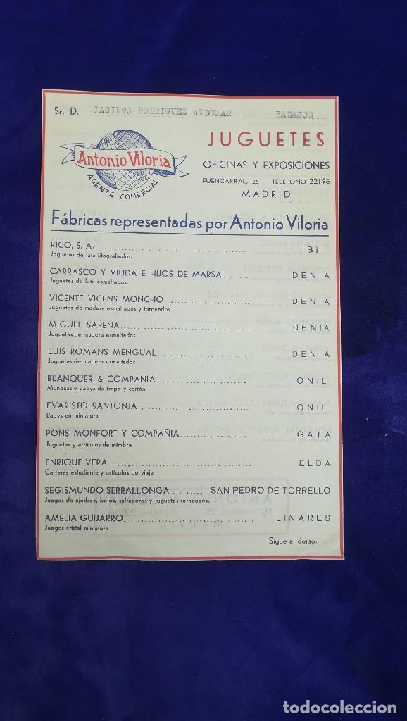 Brinquedos antigos: ANTIGUA CARTA COMERCIAL REPRESENTANTE DE JUGUETES ANTONIO VILORIA, MADRID, A&Ntilde;OS 40