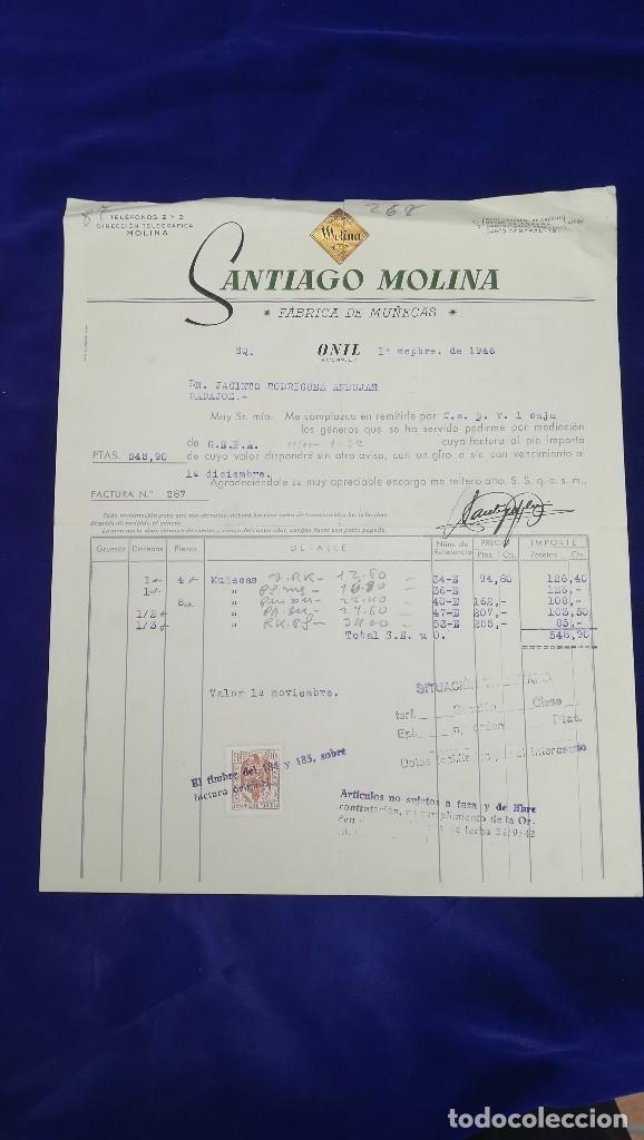 Brinquedos antigos: ANTIGUA FACTURA FABRICA DE MU&Ntilde;ECAS SANTIAGO MOLINA, ONIL-ALICANTE, A&Ntilde;O 1946