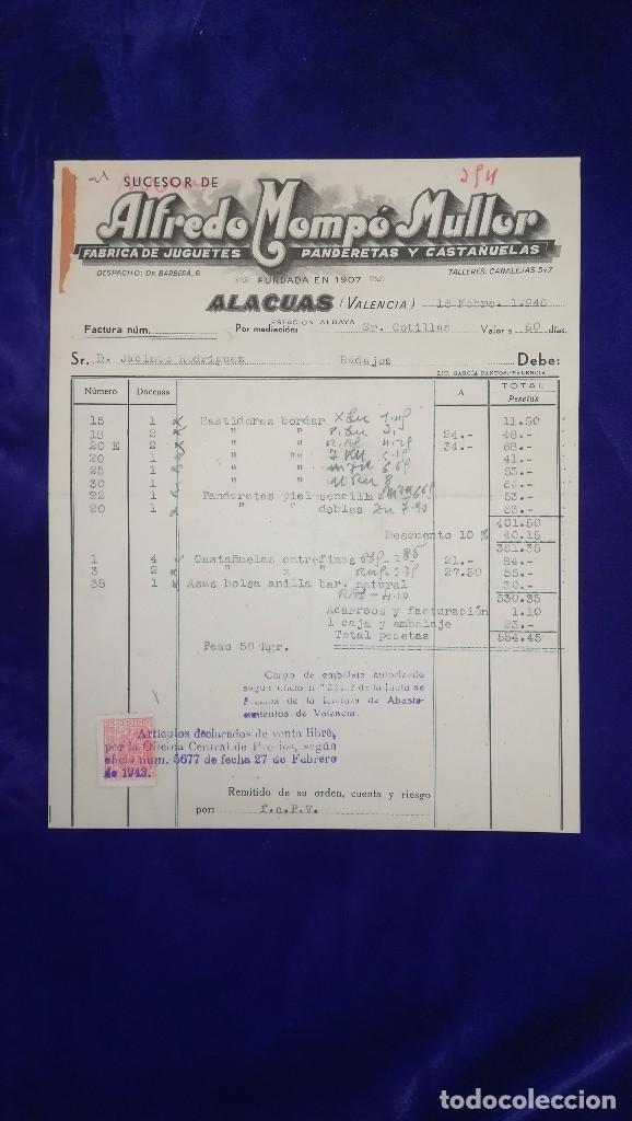 Brinquedos antigos: ANTIGUA FACTURA FABRICA JUGUETES, PANDERETAS,ETC  ALFREDO MOMPO MULLOR, ALACUAS-VALENCIA,19
