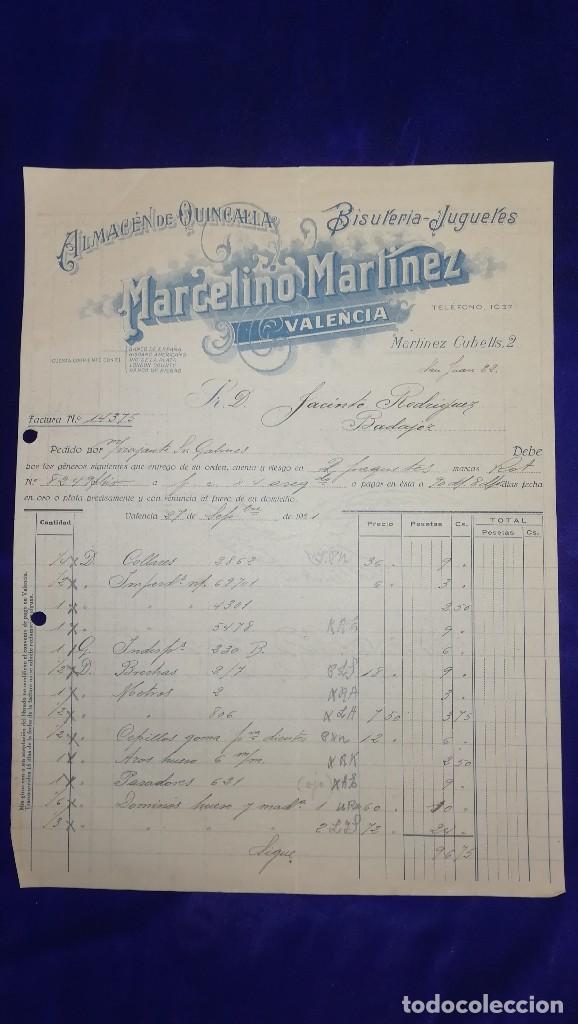 Brinquedos antigos: ANTIGUA FACTURA ALMACEN DE QUINCALLA ,BISUTERIA YJUGUETES MARCELINO MARTINEZ , VALENCIA, A&Ntilde;O 1921