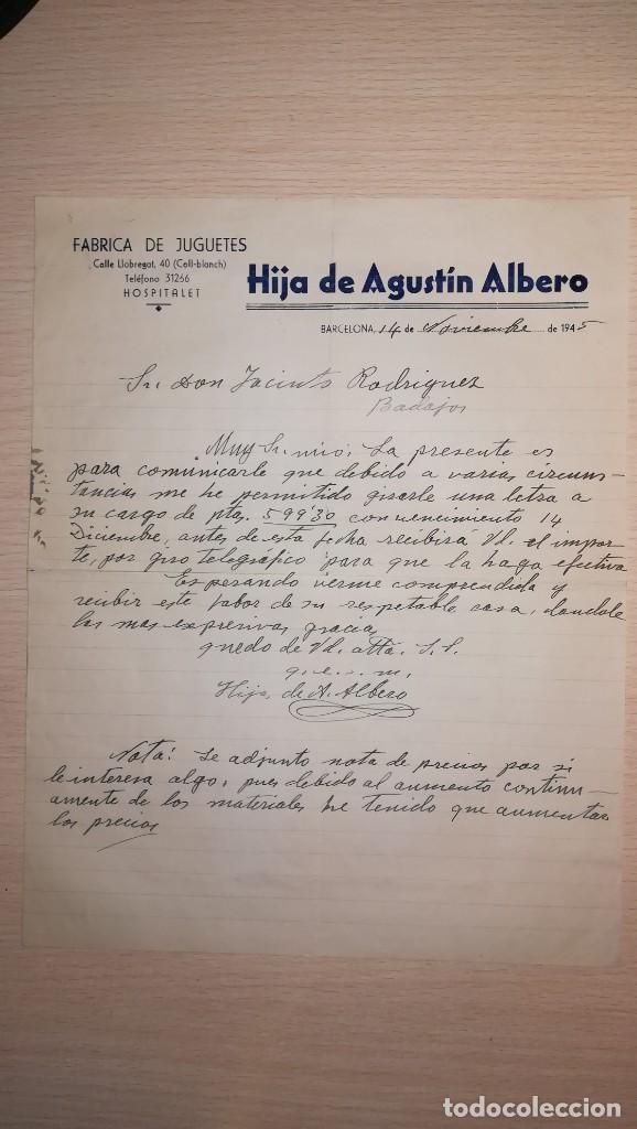 Brinquedos antigos: ANTIGUA FACTURA FABRICA DE JUGUETES HIJA DE AGUSTIN ALBERO, BARCELONA, A&Ntilde;O 1945