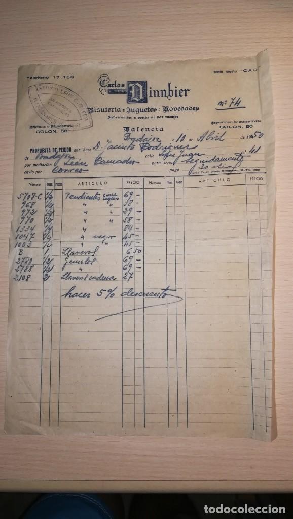 Brinquedos antigos: ANTIGUA FACTURA JUGUETES, BISUTERIA, CARLOS DINNBIER, VALENCIA DEL CID,A&Ntilde;O 1950