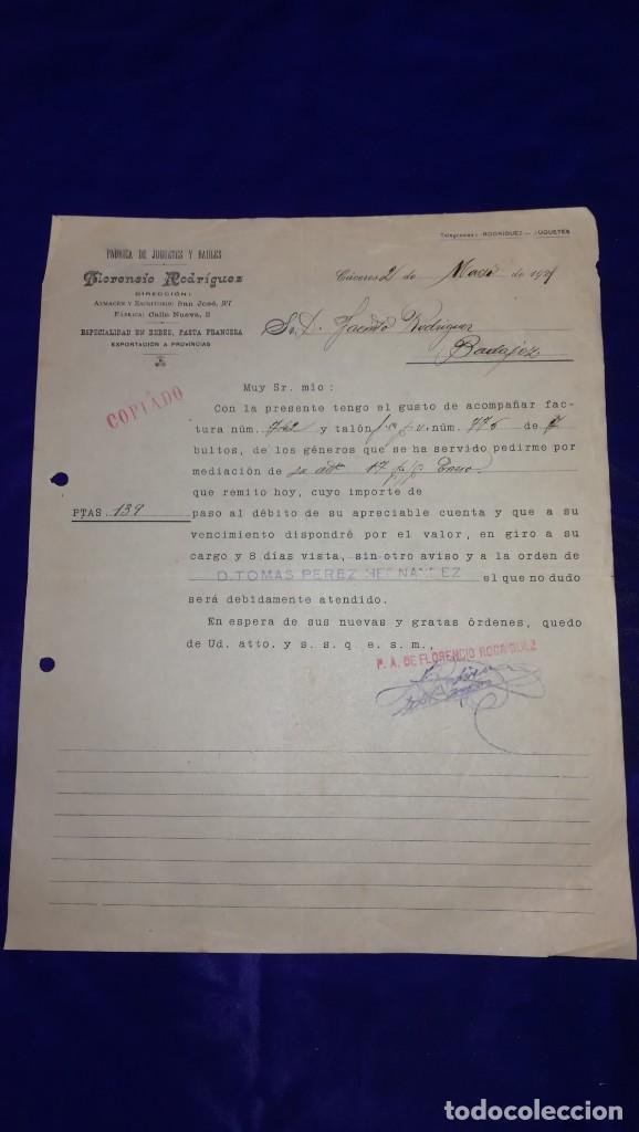 Brinquedos antigos: ANTIGUA FACTURA DE FABRICA DE JUGUETES FLORENCIO RODRIGUEZ, CACERES, A&Ntilde;OS 1921