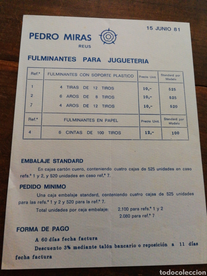 Juguetes antiguos: TARIFA DE PRECIOS PEDRO MIRAS (REUS)- FULMINANTES PARA JUGUETERIA, 1981.