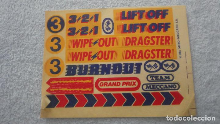 Juguetes antiguos: ANTIGUA PEGATINA.ADHESIVOS.MIRO MECCANO S.A 1981. WIPE OUT DRAGSTER.GRAND PRIX.BURNOUT.