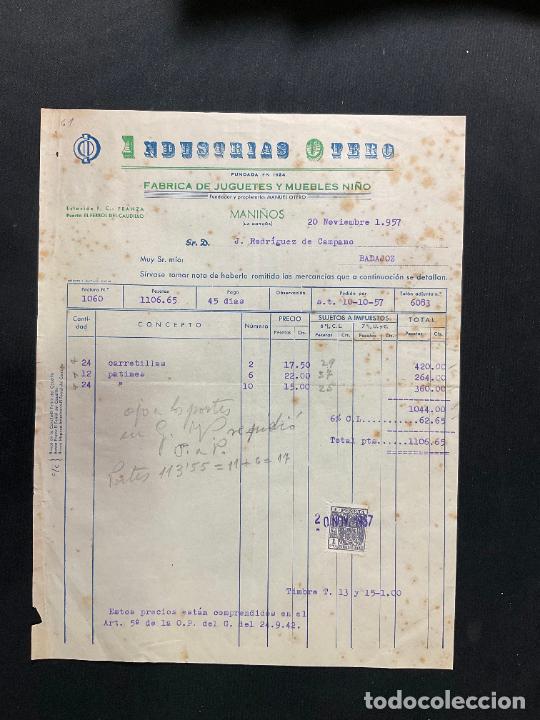 Jouets Anciens: FACTURA DE JUGUETES. INDUSTRIAS OTERO. MANI&Ntilde;OS. LA CORU&Ntilde;A. 1957.