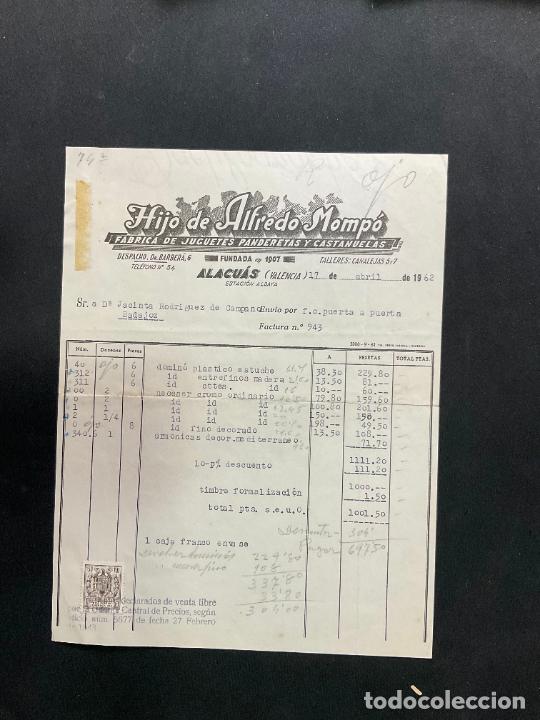 Brinquedos antigos: FACTURA DE JUGUETES. HIJO DE ALFREDO MOMPO. ALACUAS. VALENCIA. 1962. TAMBORES PANDERETAS CASTA&Ntilde;UELAS