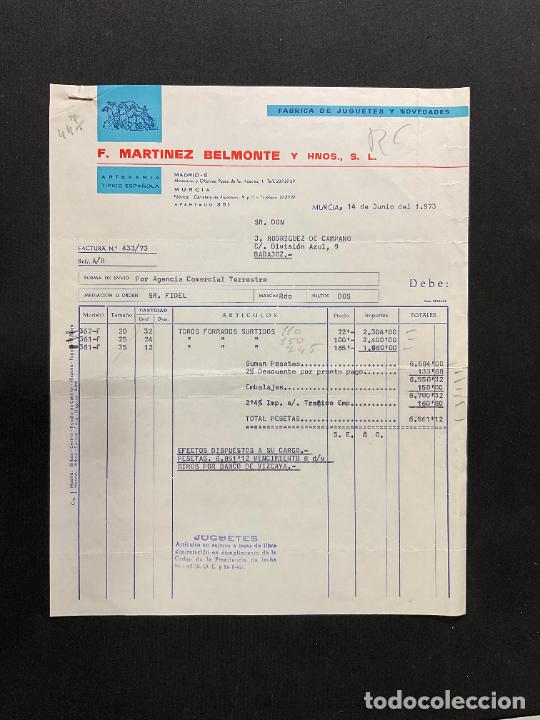Brinquedos antigos: FACTURA DE JUGUETES. F. MARTINEZ BELMONTE. ARTESANIA TIPICO ESPA&Ntilde;OLA. MURCIA 1973