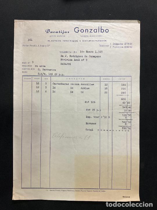 Brinquedos antigos: FACTURA DE JUGUETES. BARATIJAS GONZALBO. PLASTICOS INYECTADOS. VALENCIA 1965