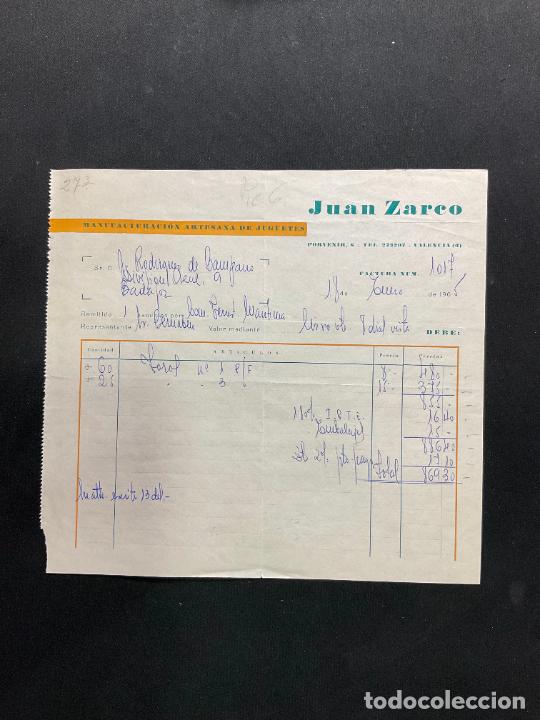 Brinquedos antigos: FACTURA DE JUGUETES. JUAN ZARCO. MANUFACTURACION ARTESANA DE JUGUETES. VALENCIA 1965