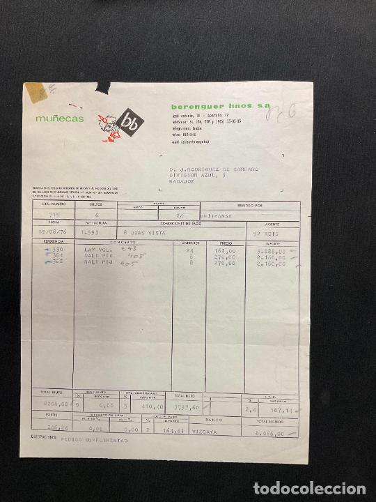 Brinquedos antigos: FACTURA DE JUGUETES. MU&Ntilde;ECAS BB. BERENGUER HERMANOS. ONIL. ALICANTE. 1976.