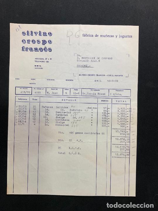 Brinquedos antigos: FACTURA DE JUGUETES. SILVINO CRESPO FRANCES. MU&Ntilde;ECAS Y JUGUETES. ONIL. ALICANTE. 1970